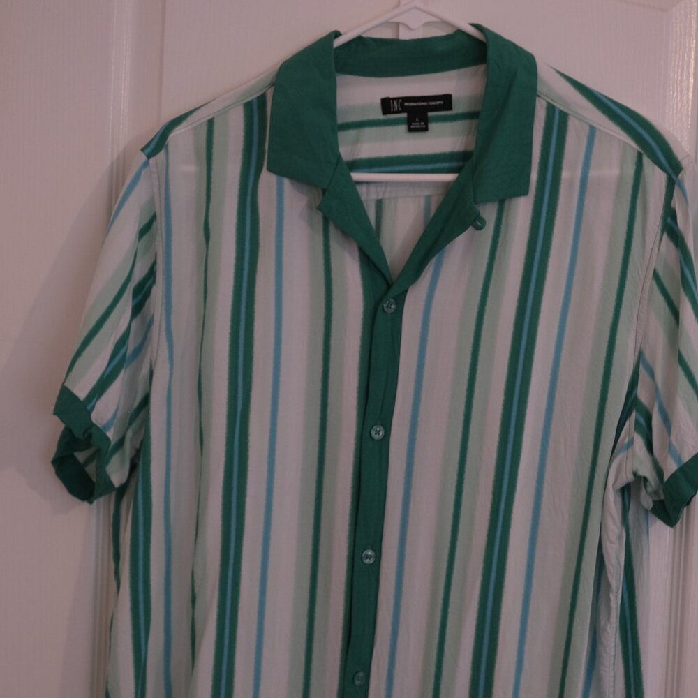 INC International Concepts Green Stripe Button Camp Shirt, Size Large